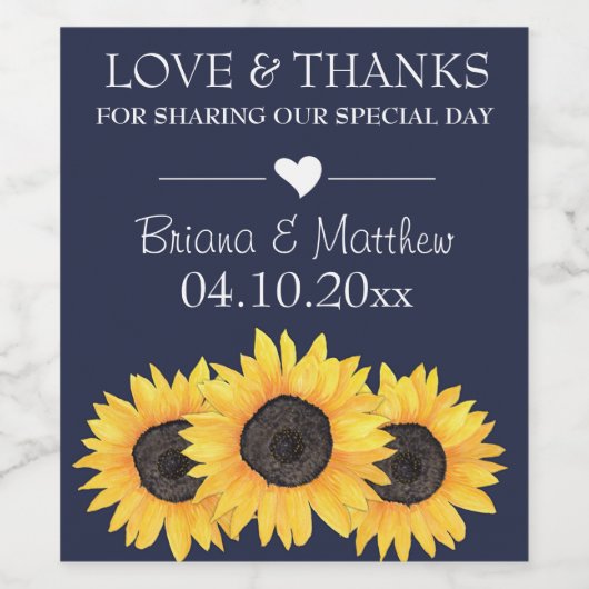 Zonnebloemen Blauw Liefde & Bedankt Bruiloft Wijn Etiket (Enkel label)