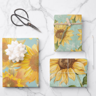Zonnebloemen blauwe achtergrond inpakpapier vel
