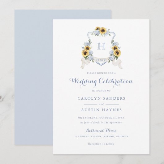 Zonnebloemen Blauwe Hortensia Wapen Monogram Huwel Kaart (Voorkant / Achterkant)