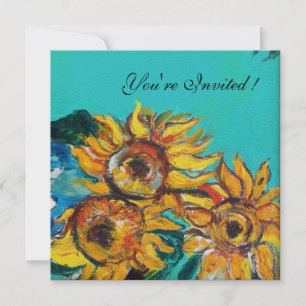 ZONNEBLOEMEN, BLAUWE TURQUOISE ZOMERPARTY UITNODIG KAART