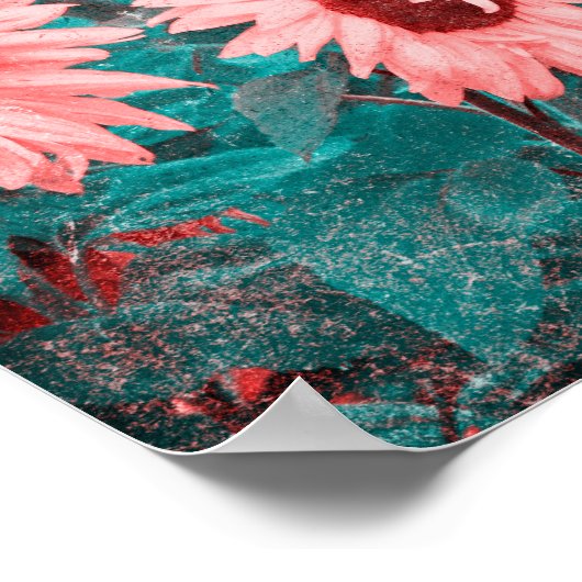 Zonnebloemen Blauwgroen Roze Floral Grunge Textuu Poster (Hoek)