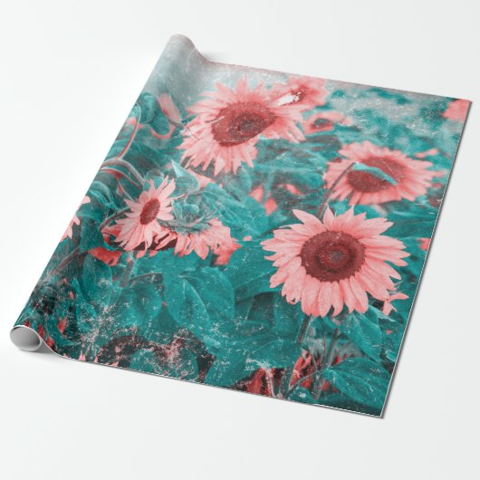 Zonnebloemen Blauwgroen Roze Floral ontvlechtings Cadeaupapier (Uitgerold)
