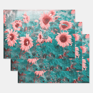 Zonnebloemen Blauwgroen Roze Floral  Textielkunst Inpakpapier Vel