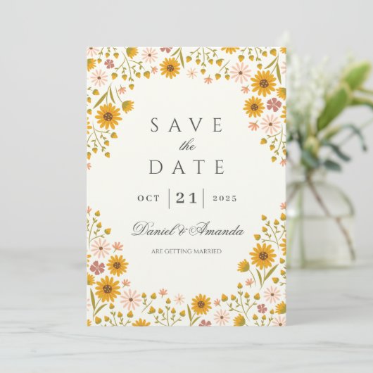 Zonnebloemen bloemenbruiloft save the date kaart (Staand voorkant)