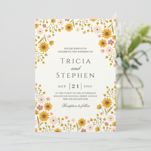 Zonnebloemen bloemenbruiloft uitnodiging (Staand voorkant)