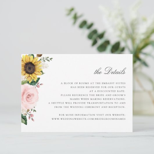 Zonnebloemen Blozen Roze Bloemige Trouwdetails Kaa Kaart (Staand voorkant)