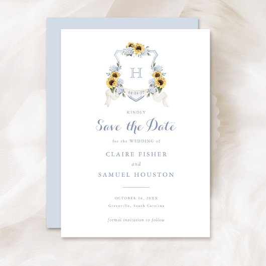 Zonnebloemen Blue Hydrangea Crest Save the Date Kaart