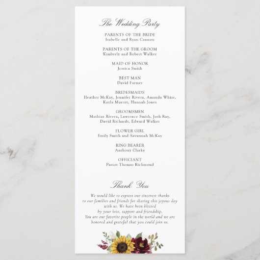 Zonnebloemen Burgundy Floral Rustic Wedding Progra Programma (Achterkant)