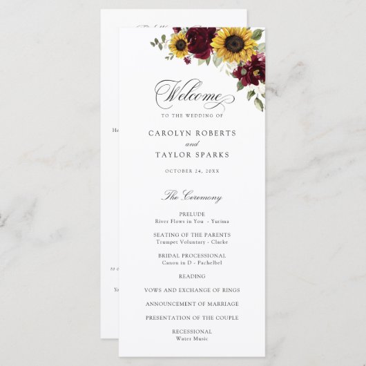 Zonnebloemen Burgundy Floral Rustic Wedding Progra Programma (Voorkant / Achterkant)