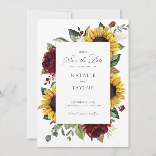 Zonnebloemen Burgundy Greenery Rustic Save the Dat Kaart (Voorkant)