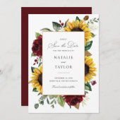 Zonnebloemen Burgundy Greenery Rustic Save the Dat Kaart (Voorkant / Achterkant)