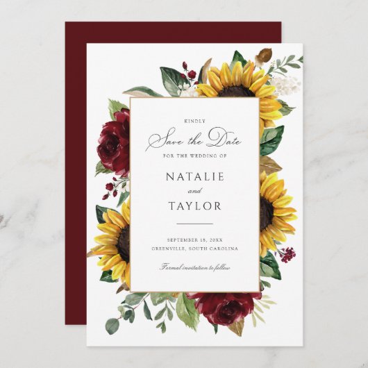 Zonnebloemen Burgundy Greenery Rustic Save the Dat Kaart (Voorkant / Achterkant)