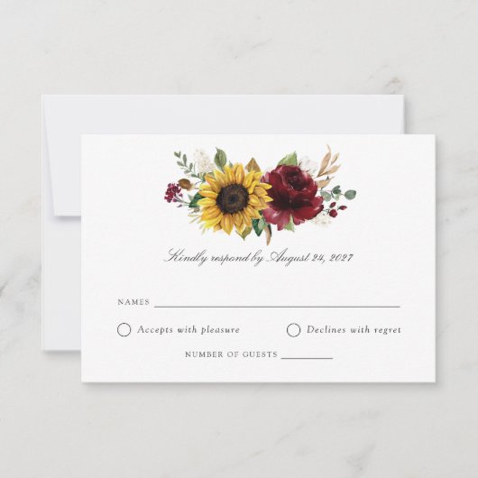 Zonnebloemen Burgundy Greenery Wedding RSVP Kaart (Voorkant)
