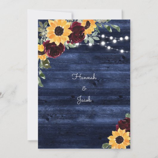 Zonnebloemen Burgundy Rozen Navy Wood Weddenschap Kaart (Achterkant)