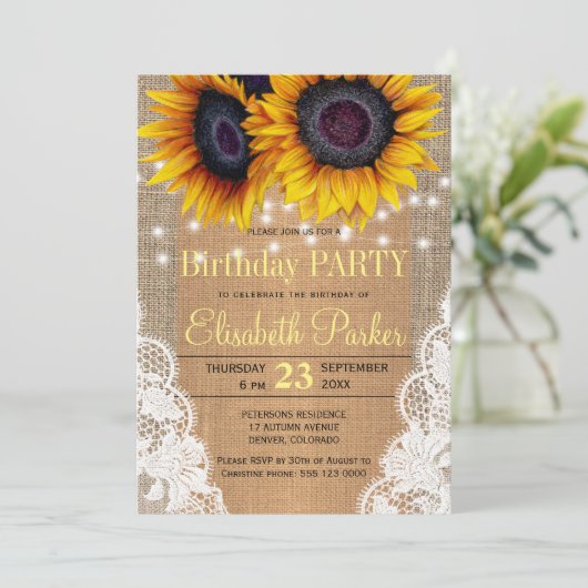 Zonnebloemen burlap en kant herfst verjaardagsfees kaart (Staand voorkant)