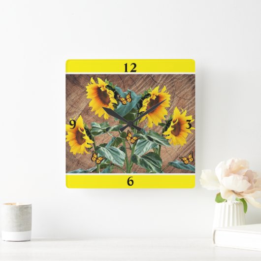 Zonnebloemen Butterflies Rustic Barn Board Square Vierkante Klok (Huis)