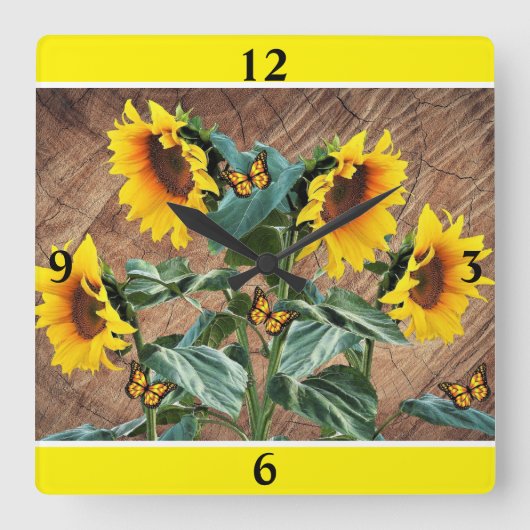 Zonnebloemen Butterflies Rustic Barn Board Square Vierkante Klok (Voorkant)