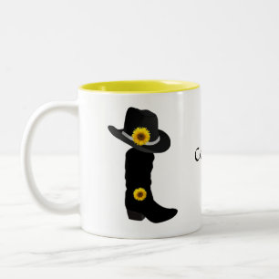 Zonnebloemen, Cowgirl Zwarte Hoed & Laars Twee-Ton Tweekleurige Koffiemok