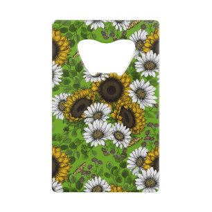 Zonnebloemen, dagboeien, zomertuin kredietkaart flessenopener