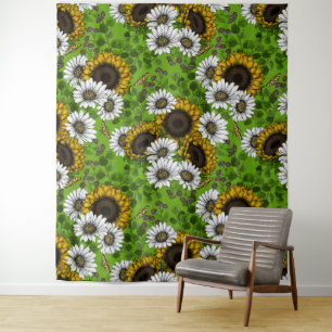 Zonnebloemen, dagboeien, zomertuin wandkleed