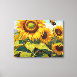 Zonnebloemen Drukke Bee Zomer Dag Schilderen Canvas Afdruk