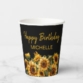 Zonnebloemen Elegant Zwart Happy Birthday Naam Papieren Bekers (Achterkant)