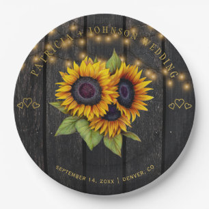 Zonnebloemen elegante rustieke houten lichten brui papieren bordje