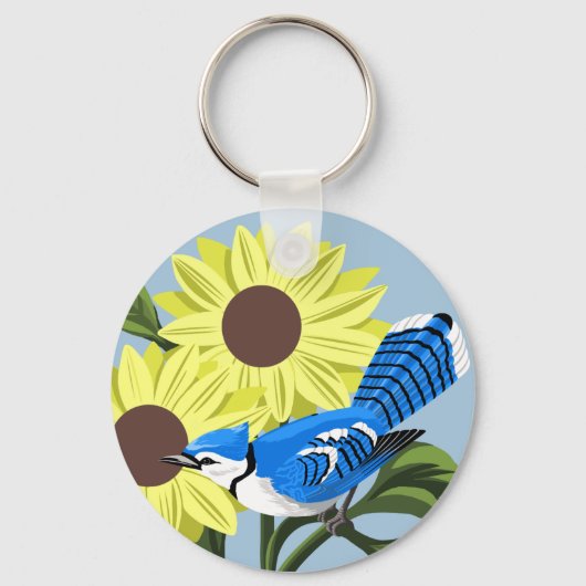 Zonnebloemen en Blauwe Jay Sleutelhanger (Voorkant)