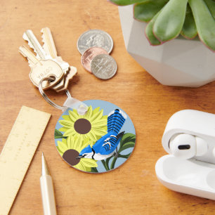 Zonnebloemen en Blauwe Jay Sleutelhanger