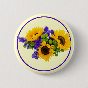 Zonnebloemen en Blauwe Statice Ronde Button 5,7 Cm