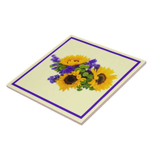 Zonnebloemen en Blauwe Statice Tegeltje (Zijkant)