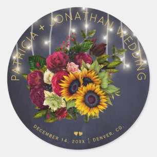 Zonnebloemen en bordeauxrode rozen rustieke marine ronde sticker