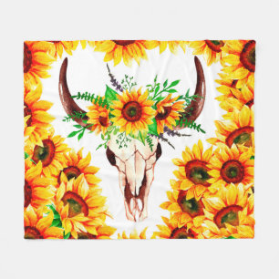 Zonnebloemen en Bull Skull Fleece Deken