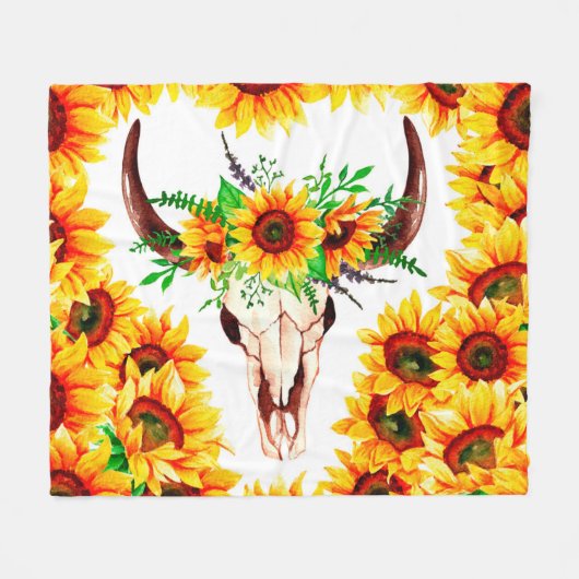 Zonnebloemen en Bull Skull Fleece Deken (Voorkant (Horizontaal))