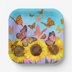 Zonnebloemen en Butterflies Colorful Yellow Brown Papieren Bordje