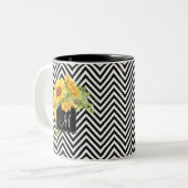 Zonnebloemen en Chevron Stripes met Monogram Tweekleurige Koffiemok (Voorkant links)