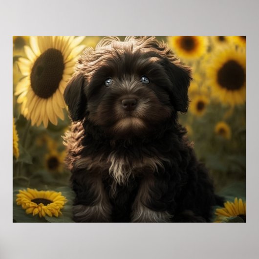 Zonnebloemen en Chocolade Havanese Puppy door Hava Poster (Voorkant)