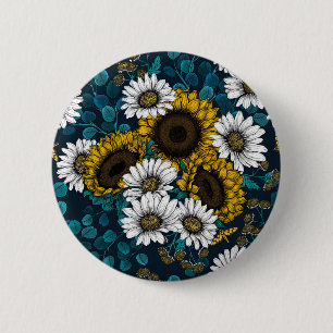 Zonnebloemen en dagbladen, zomertuin 2 ronde button 5,7 cm