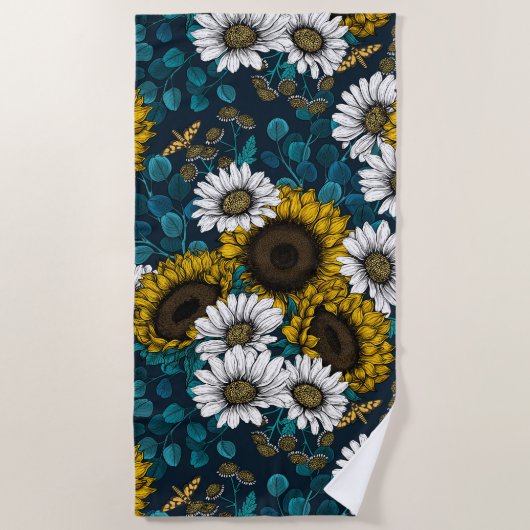 Zonnebloemen en dagbladen, zomertuin 2 strandlaken (Voorkant)