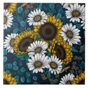 Zonnebloemen en dagbladen, zomertuin 2 tegeltje