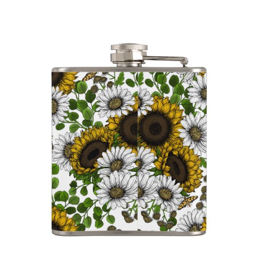 Zonnebloemen en dagbladen, zomertuin 3 heupfles (Achterkant)