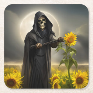 Zonnebloemen en de Grim Reaper Vierkante Kartonnen Onderzetter