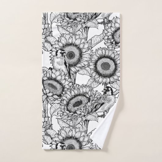 Zonnebloemen en goudvinken in zwart-wit bad handdoek (Handdoek)