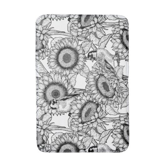 Zonnebloemen en goudvinken in zwart-wit badmat (Voorkant Verticaal)