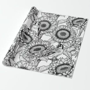 Zonnebloemen en goudvinken in zwart-wit cadeaupapier