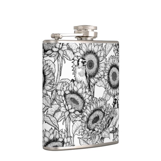 Zonnebloemen en goudvinken in zwart-wit heupfles (Rechts)