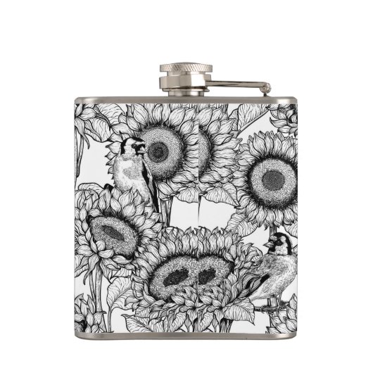 Zonnebloemen en goudvinken in zwart-wit heupfles (Achterkant)