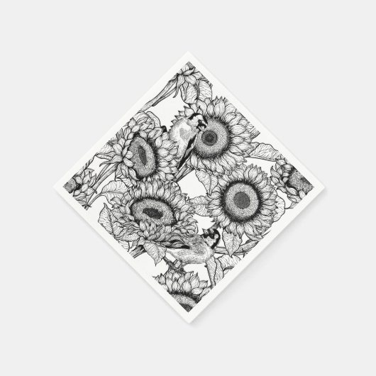 Zonnebloemen en goudvinken in zwart-wit servet (Hoek)
