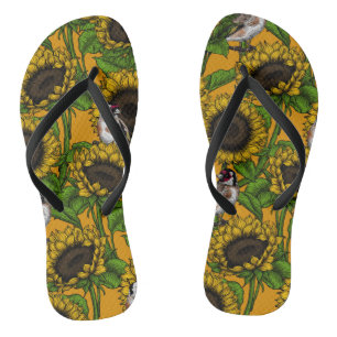 Zonnebloemen en goudvinken op sinaasappel teenslippers