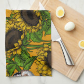 Zonnebloemen en goudvinken op sinaasappel theedoek (Quarter Fold)